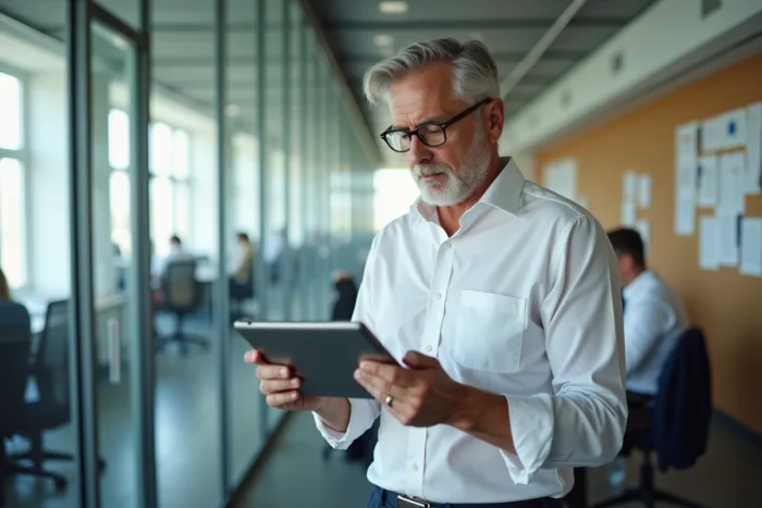 Administrateur scolaire consultant la messagerie académique Aix-Marseille sur une tablette dans un bureau moderne
