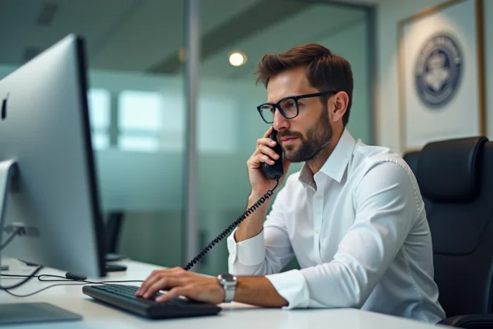 Administrateur universitaire assistant un étudiant par téléphone pour débloquer un compte de messagerie académique