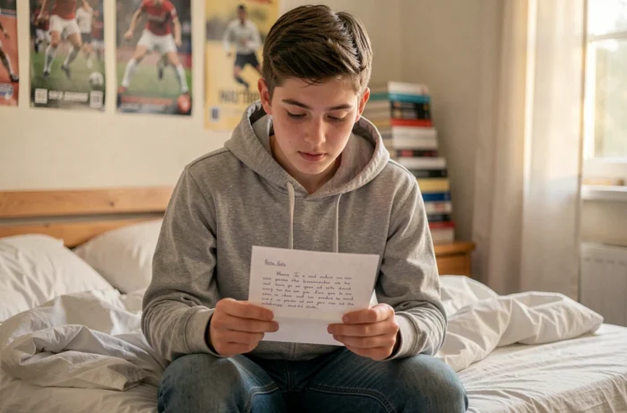 Adolescent ému lisant une lettre touchante de sa mère dans sa chambre