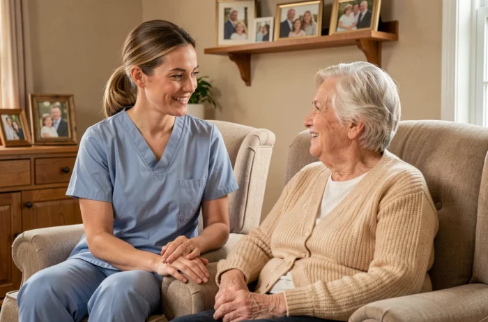 Une aide-soignante en uniforme bleu aide une femme âgée assise dans un fauteuil lors d'une visite à domicile pour seniors