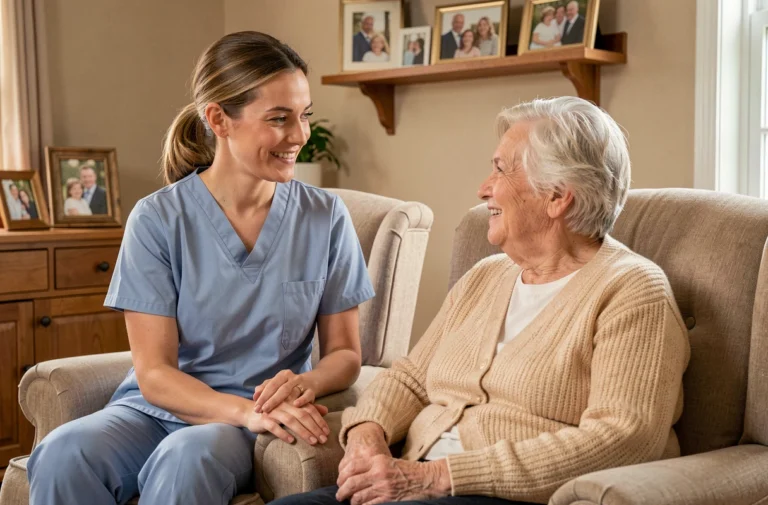 Une aide-soignante en uniforme bleu aide une femme âgée assise dans un fauteuil lors d'une visite à domicile pour seniors