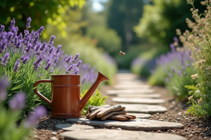 Allée de jardin naturel bordée de lavande et de plantes sauvages avec un arrosoir en terre cuite et des gants de jardinage posés sur une pierre