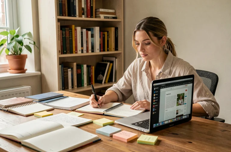 Une femme concentrée travaille sur des articles de blog à son bureau, entourée de carnets et d'un ordinateur portable