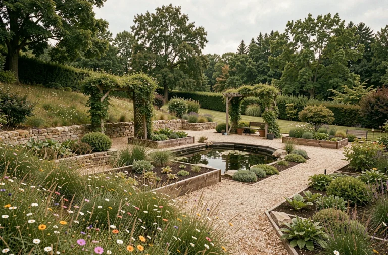 Vue panoramique d'un espace extérieur naturel aménagé avec prairie fleurie, muret en pierre, potager surélevé, bassin et pergola végétalisée