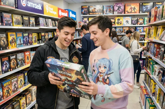 Deux amis passionnés de culture geek découvrant des idées cadeaux dans une boutique spécialisée pop culture