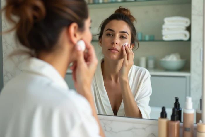 Femme appliquant un fond de teint couvrant avec une éponge de maquillage devant un miroir de salle de bain moderne