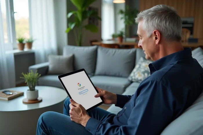 Homme associant une tablette Android à son compte Google dans un salon moderne