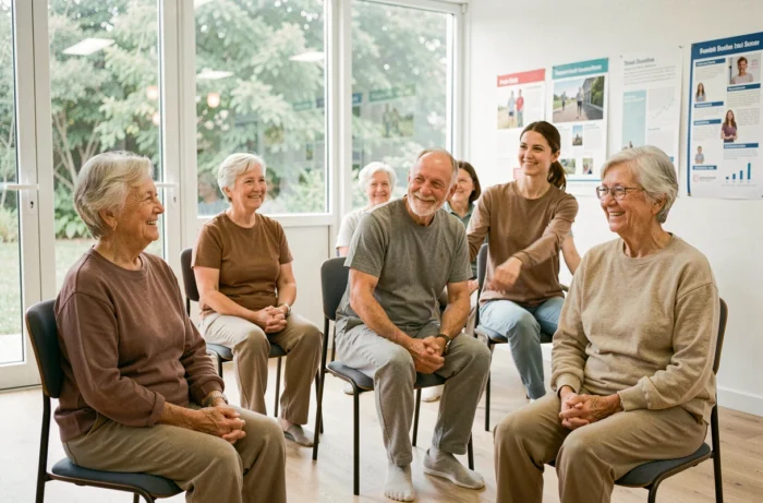 Un groupe de seniors participe à un atelier d'activités physiques adaptées dans un centre d'accompagnement pour personnes âgées
