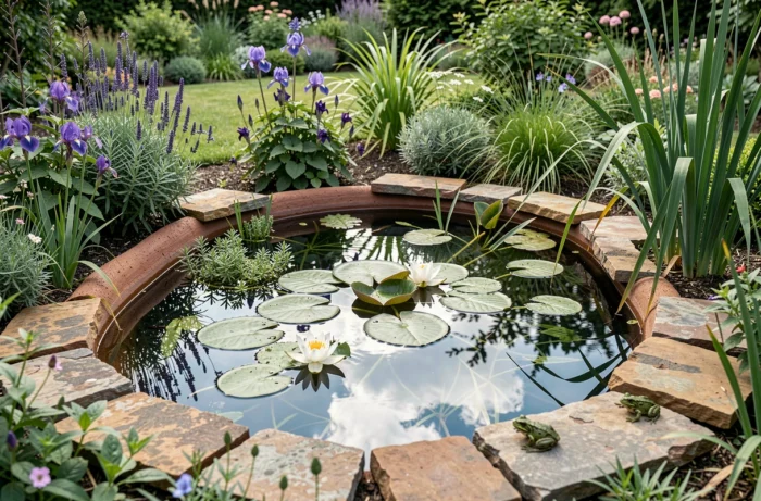Bassin naturel sans pompe ni produit chimique avec nénuphars, iris et grenouille sur une margelle en pierre