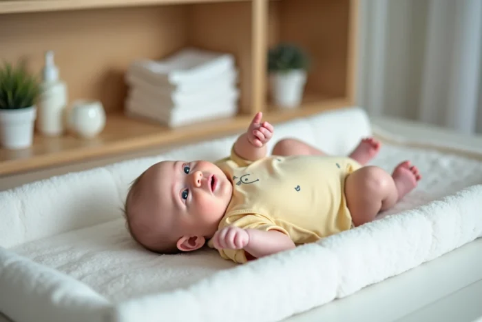 Bébé de 3 mois allongé sur un tapis à langer en tenue jaune pâle, regard curieux et éveil sensoriel lors du change