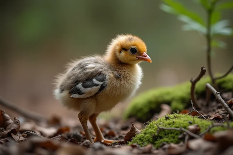 Bébé faisan de deux semaines avec duvet brun et beige sur un sol forestier recouvert de feuilles mortes