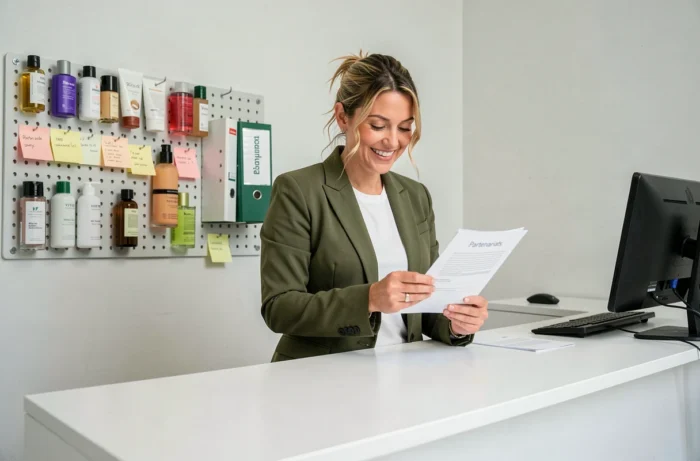Blogueuse beauté dans son studio lisant une demande de contact partenariat avec le sourire