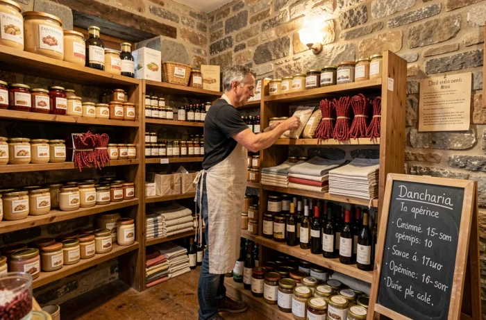 Intérieur d'une boutique de produits régionaux basques à Dancharia avec horaires d'ouverture dominicale affichés