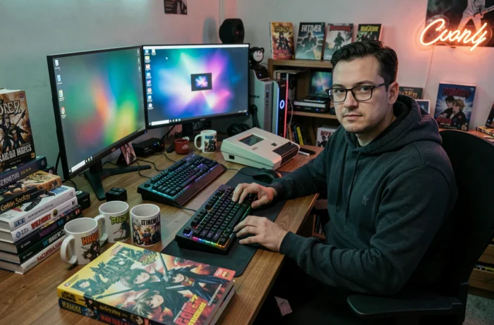 Homme geek assis à son bureau gaming entouré de mangas, console rétro et accessoires pop culture