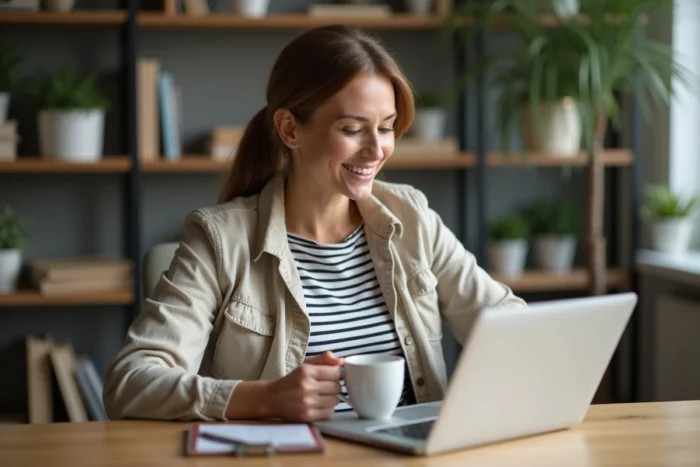 Cheffe d'entreprise gérant ses services bancaires en ligne depuis son bureau à domicile avec un ordinateur portable