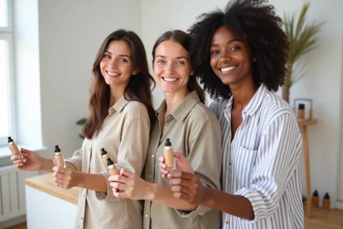 Trois femmes aux carnations différentes comparant des teintes de fond de teint couvrant dans un studio beauté minimaliste