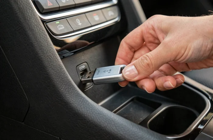 Clé USB insérée dans le port USB d'une Citroën C4 pour effectuer la mise à jour GPS