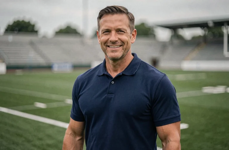 Portrait d'un coach de rugby sur un terrain, souriant en polo marine, atmosphère éditoriale réaliste