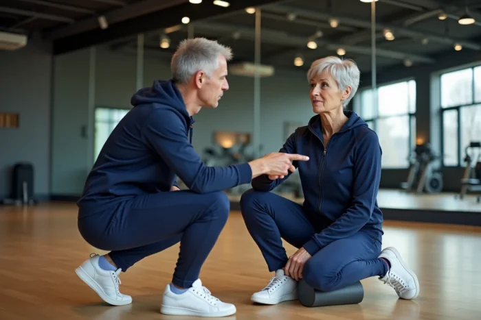 Femme senior recevant un coaching sportif personnalisé dans une salle de sport moderne