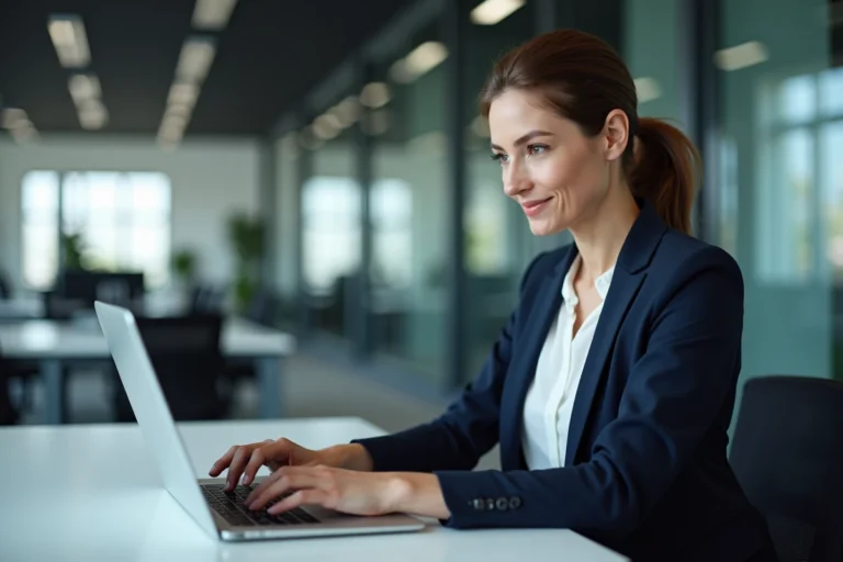 Collaboratrice BNP Paribas accédant à l'extranet Alis sur son ordinateur portable dans un bureau moderne