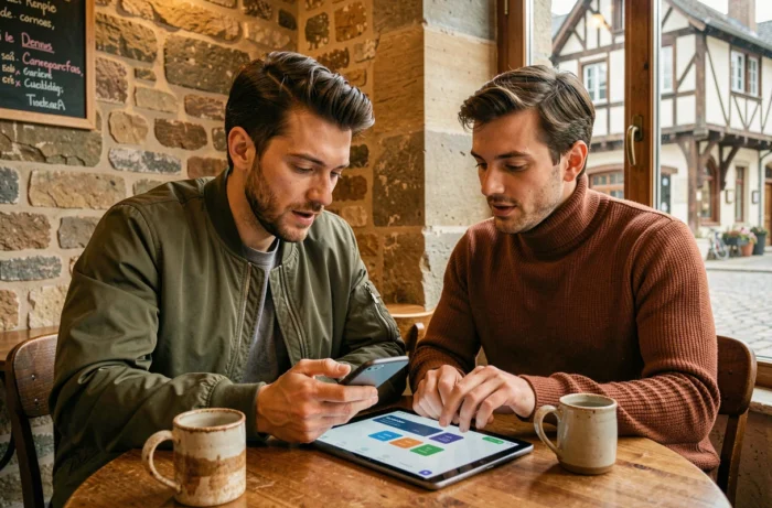 Deux collègues collaborant sur tablette et smartphone dans un café du centre historique de Rennes pour optimiser leur productivité