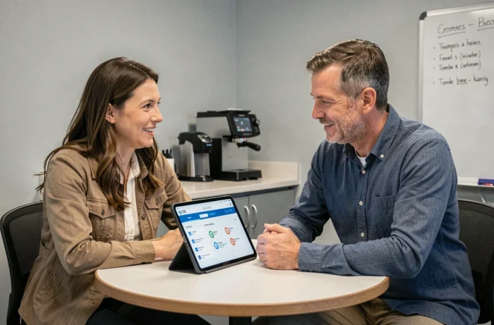 Deux collègues Chronopost consultant ensemble les avantages CSE sur une tablette dans une salle de pause
