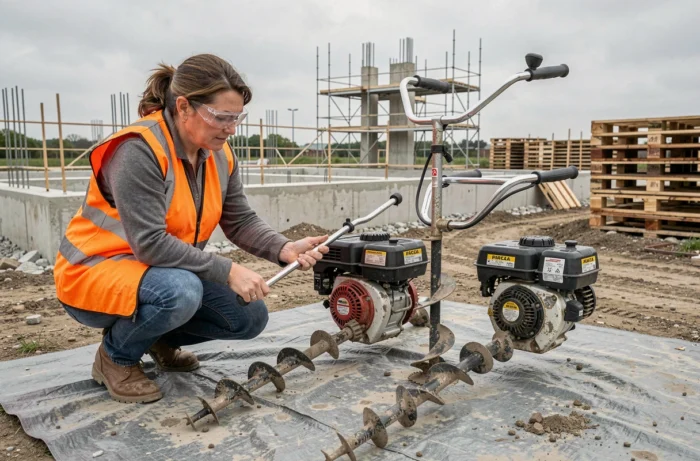 Femme comparant plusieurs modèles de tarières thermiques sur un chantier de construction résidentiel