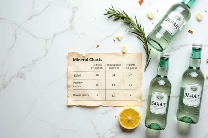Comparatif de bouteilles d'eau minérale sur marbre blanc avec tableau de teneur en minéraux pour choisir la meilleure eau contre les varices