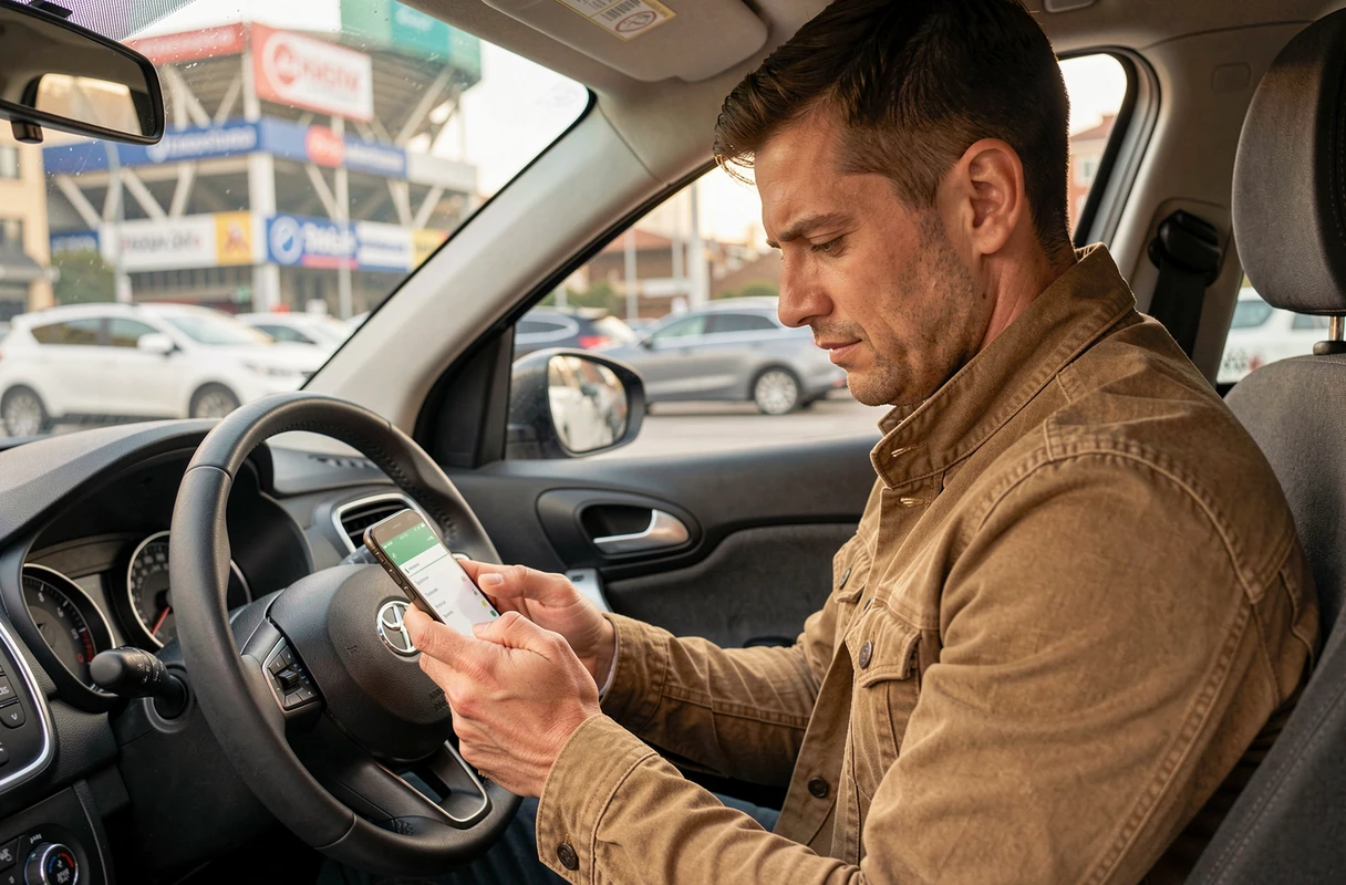 Conducteur consultant une application de parking sur smartphone assis dans sa voiture près du Stade de France