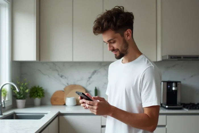 Jeune adulte configurant son compte Google Play Store sur un nouveau smartphone dans une cuisine moderne