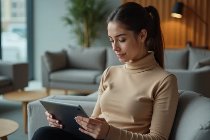 Jeune collaboratrice BNP Paribas utilisant une tablette pour se connecter à l'extranet Alis dans un espace lounge
