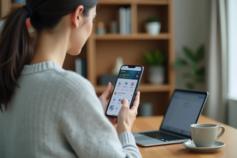 Femme consultant le Google Play Store sur son smartphone Android dans un bureau à domicile