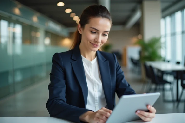 Conseillère bancaire professionnelle consultant des services numériques sur tablette dans une agence bancaire moderne