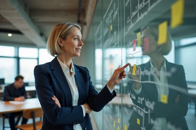 Consultante en transformation digitale expliquant une stratégie sur un tableau blanc dans un bureau moderne