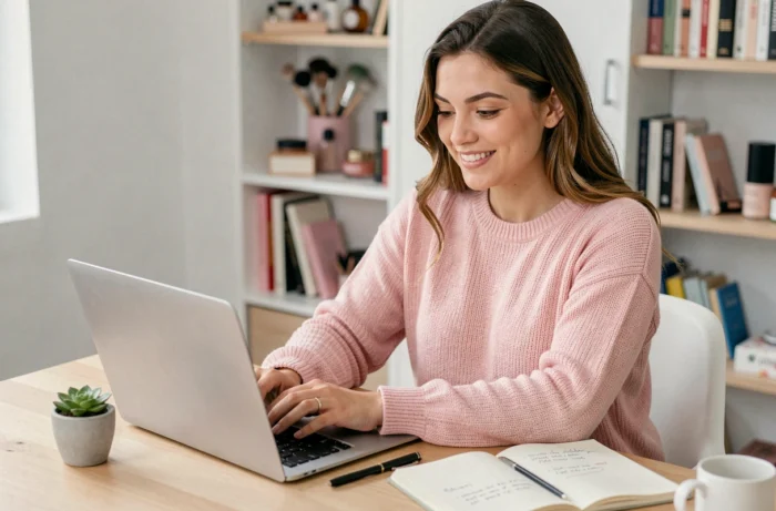 Jeune femme contactant un blog beauté par email depuis son bureau à domicile avec un ordinateur portable