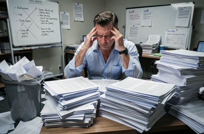 Un homme épuisé face à des piles de contenus de faible valeur ajoutée illustrant les dangers de la production massive d'articles