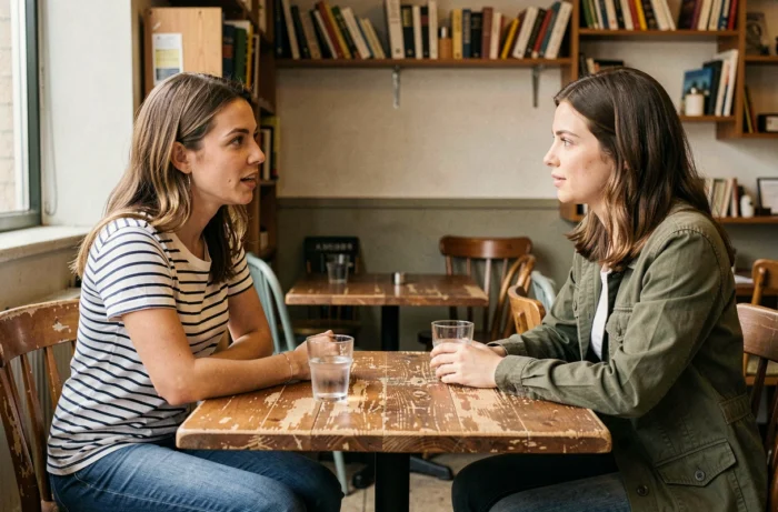 Deux femmes engagées dans une conversation sincère dans un café simple, représentant la connexion humaine authentique comme pilier du bien-être réel