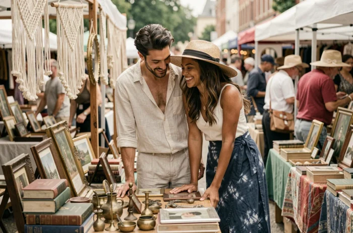 Couple bohème en vêtements en lin parcourant un marché aux puces vintage en plein air, entouré d'objets anciens, de macramé et de livres empilés