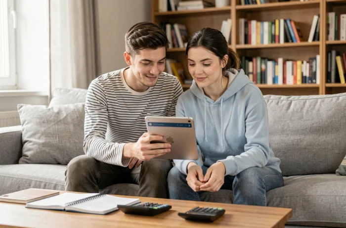 Couple planifiant leur budget familial ensemble sur une tablette dans leur salon