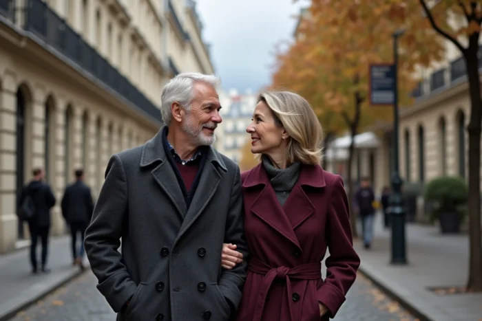 Couple élégant marchant discrètement dans une rue parisienne, illustrant la préservation de la vie conjugale loin des regards