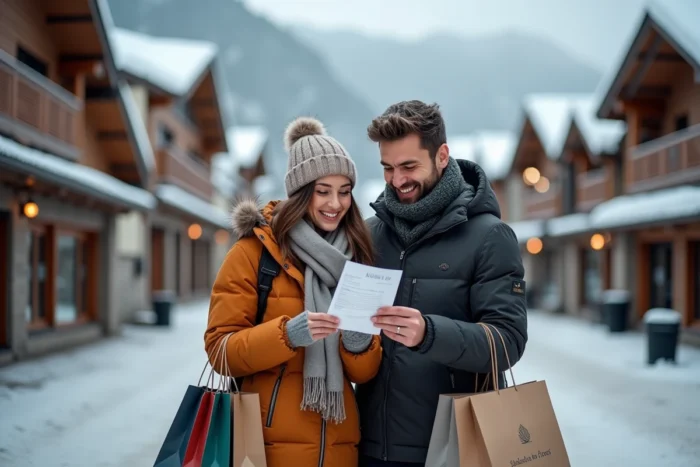 Couple vérifiant leurs économies sur un ticket de caisse devant les boutiques du Pas de la Case en Andorre en hiver