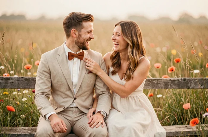 Couple de mariés dans un champ de fleurs sauvages, le marié portant un nœud papillon en tricot terracotta lors d'un mariage champêtre