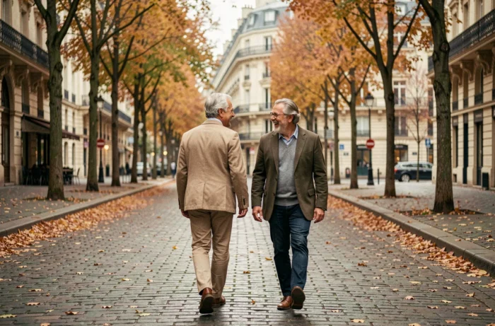 Couple élégant se promenant sur un boulevard parisien en automne, atmosphère complice et romantique