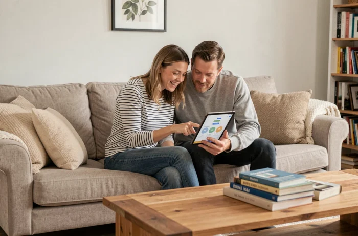 Couple jouant à un quiz sur la maison ensemble dans un salon confortable avec une tablette