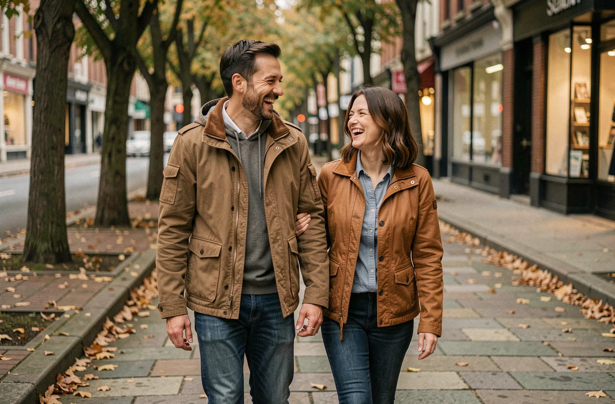 Couple marchant ensemble dans une rue urbaine arborée en automne, moment complice et naturel