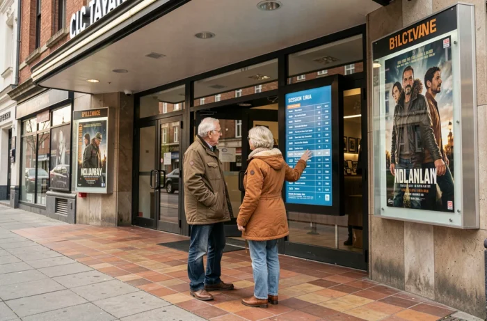 Un couple de seniors consulte le programme affiché devant l'entrée d'un cinéma pour trouver les séances avec tarif réduit