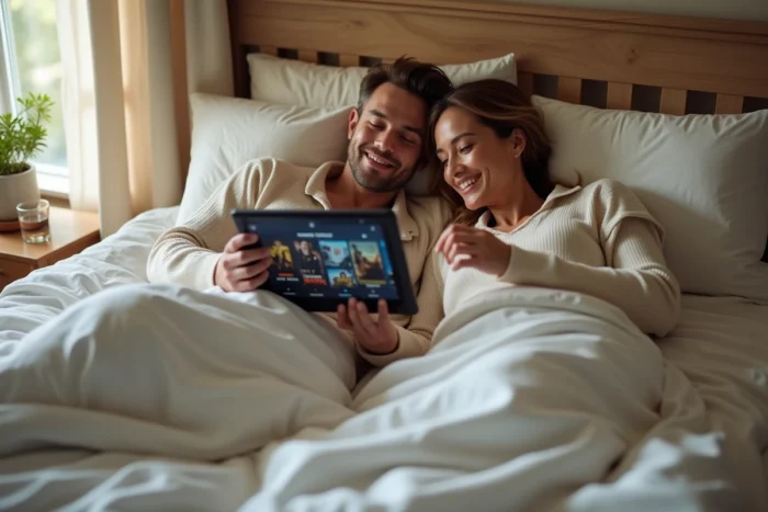 Couple parcourant un catalogue de streaming gratuit sur tablette dans une chambre à coucher détendue