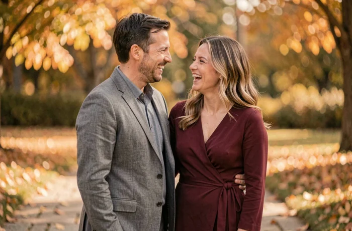 Couple en tenue décontractée dans un parc en automne, homme et femme riant ensemble, ambiance familiale chaleureuse