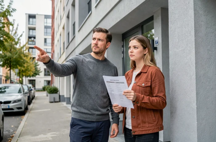 Couple visitant un appartement en location et évaluant les critères selon leur budget