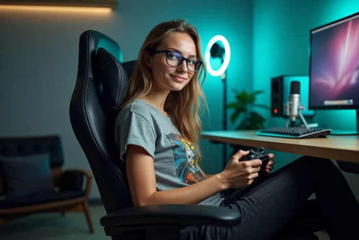 Créatrice de contenu Twitch en studio de streaming avec micro et chaise gaming tenant une manette
